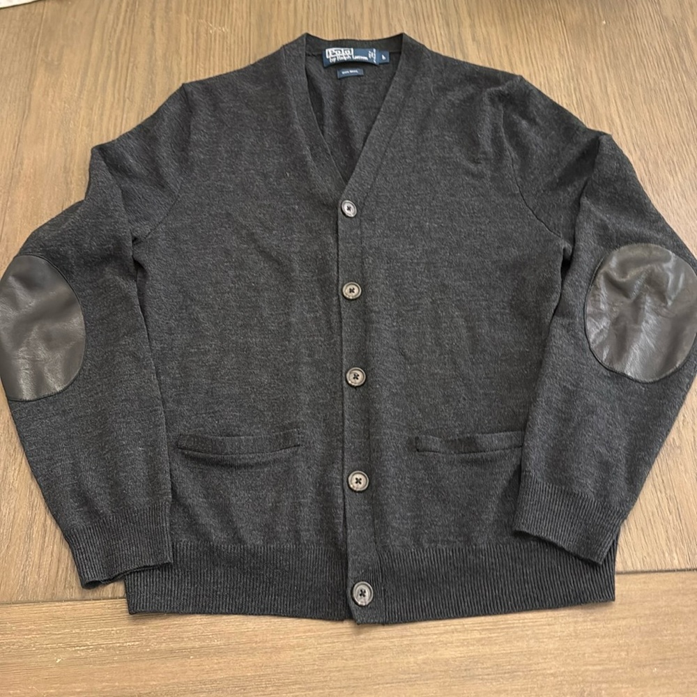 NWOT Ralph Lauren 100% wool cardigan with leather elbow patch